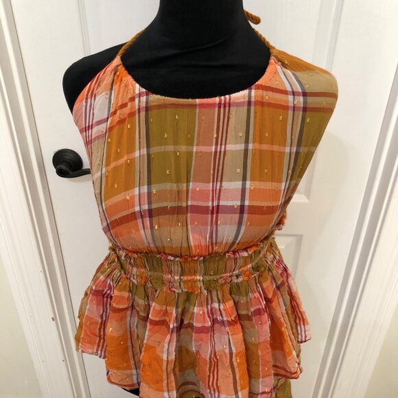 NWT Aerie Plaid Ruffle Mini Dress XS Lurex Thread Tassel Halter Neck – Chic - Picture 5 of 8